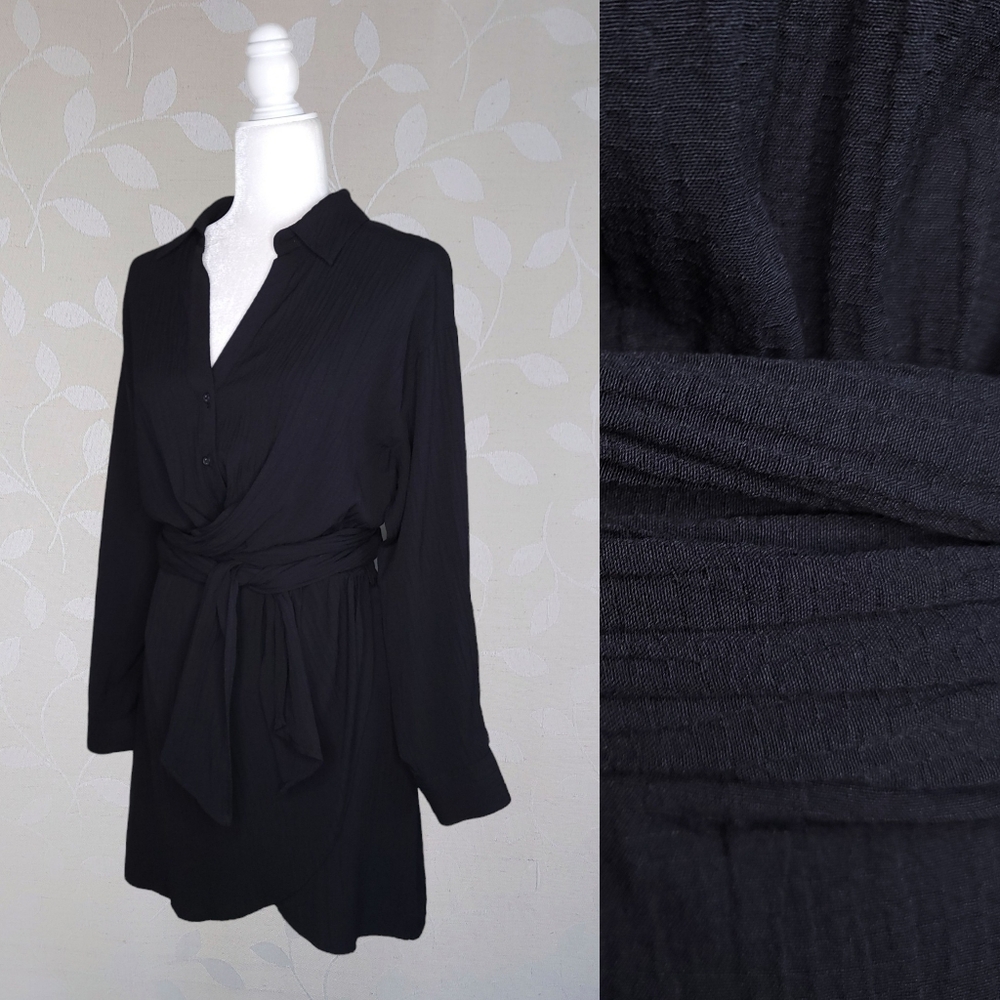 Zara Long Sleeve Dress Office Goth Tie Waist Draped Minimalist Witch Black Crepe